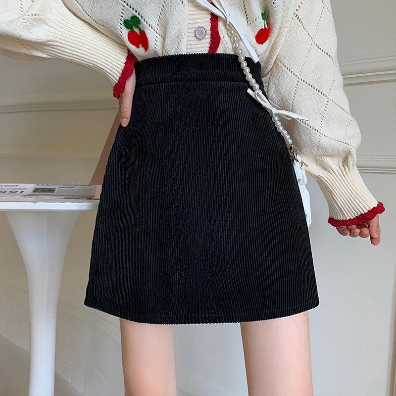 

Korean Style Petite High-Waist Corduroy A-Line Skirt: Black Slimming Midi & Mini Skirt for Autumn/Winter Large чёрный