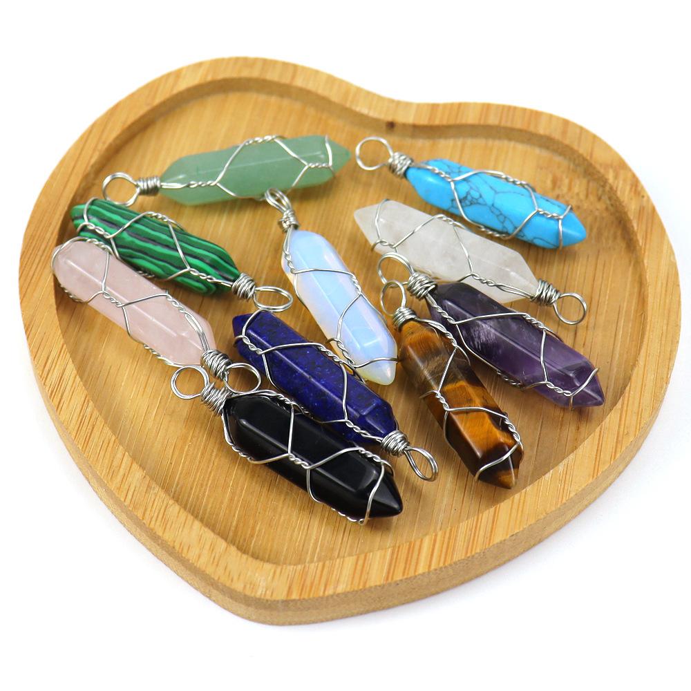 

Handmade Winding Natural Stone Crystal Agate Double Pointed Hexagonal Column Bullet Pendant Necklace N592