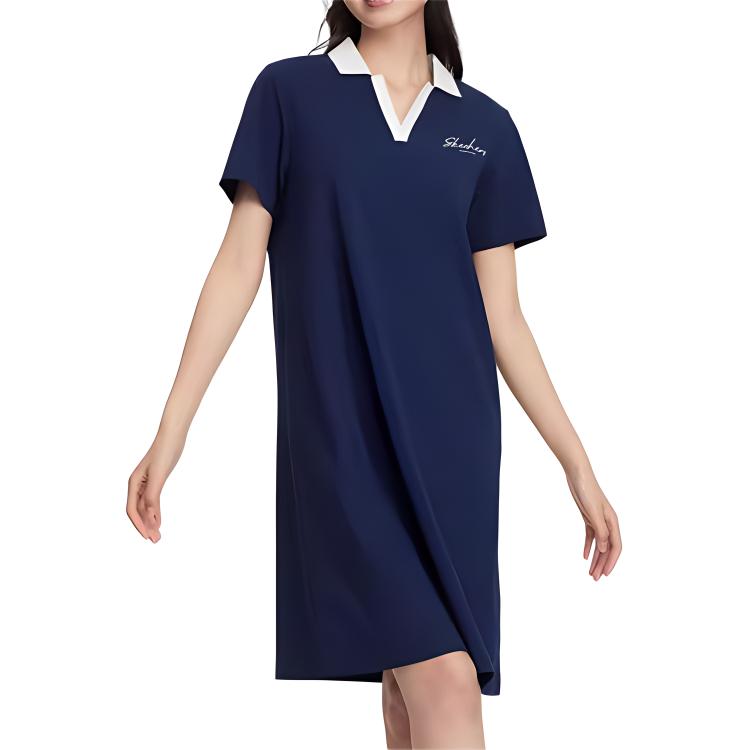 Skechers Polo Neck Letter Comfortable Breathable Short Sleeve Dress Women Dresses Navy-Blue L224W095-00DU
