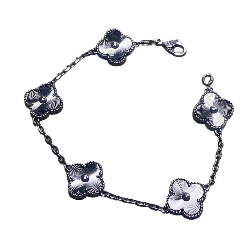 Clover and Five Flowers Bracelet, Double Sided Bracelet, Black Laser, Unisex