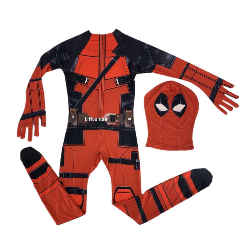 Children's Deadpool Costume with Jumpsuit, Sword, Pouch, and Accessories Set for Halloween.