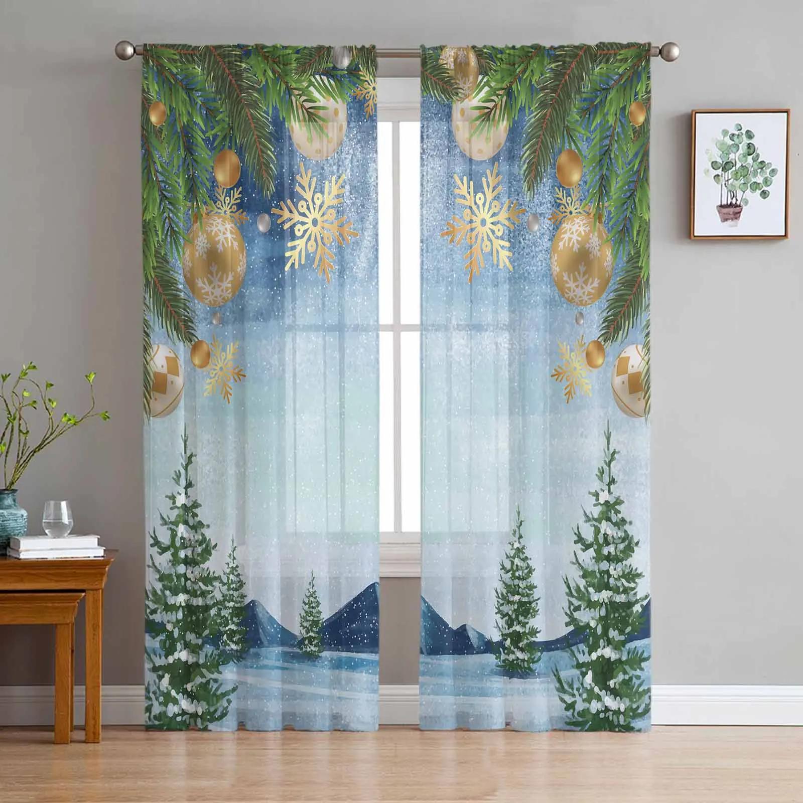 

Music Blue Winter White Snowflakes Tulle Translucent Window Opening Drapes for Living Room the Bedroom Space Modern Voile Organza Drapes Curtains W135 x H115cm x1&Rod Pocket