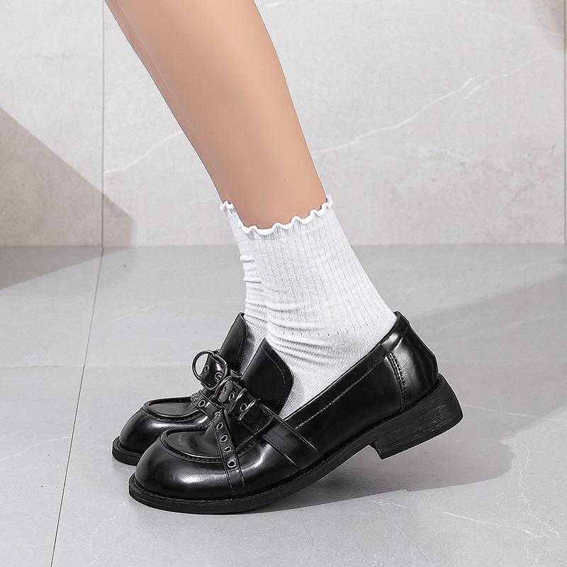 Women Round Toe Chunky Heel Retro Style College British Leather Shoes Easy To Wear Flat Footwear Adults Female Loafers