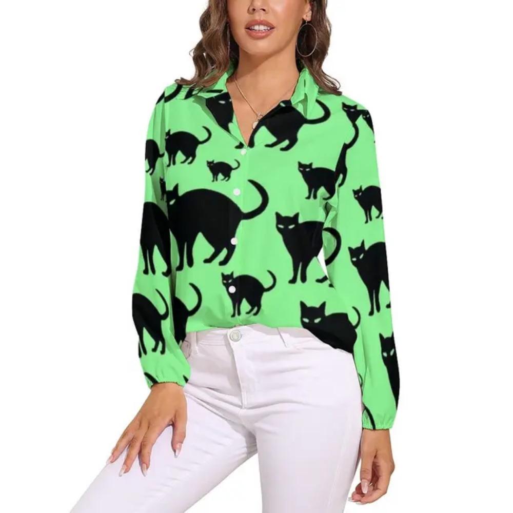 Black Cat Blouse For Women Cute Classic Cat Print Loose Blouses Long Sleeve Kawaii Shirts Spring Casual Clothing Big Size Blouse