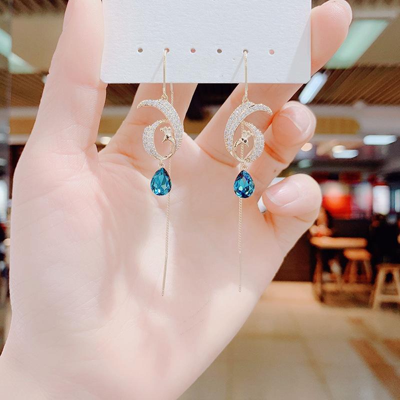 Korean Fashion Zircon Green Water Drop Earrings for Women Crystal Long Pendant Temperament Earring Girls Wedding Party Jewelry
