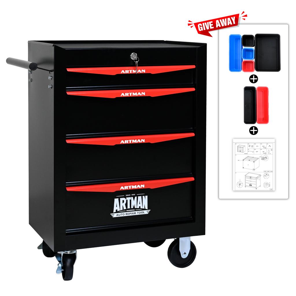 Mobile Metal Tool Cabinet with 4 Drawers, 508 mm (20 Inch), and Ball-Bearing Drawer Slides, Organizing Steel Tool Box – Black-Red