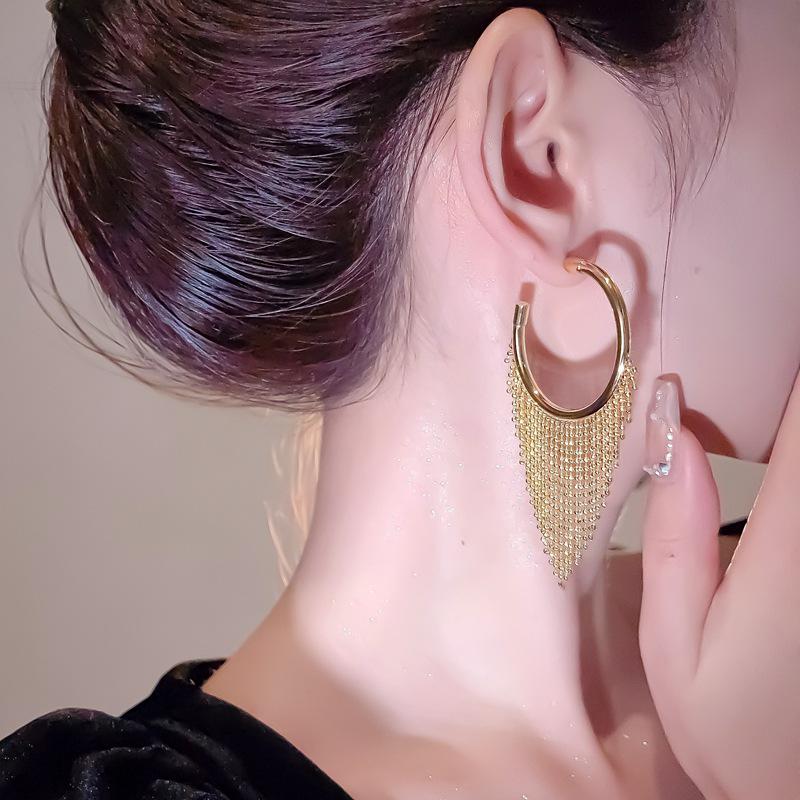 High-End European & American C-Shaped Tassel Hoop Earrings