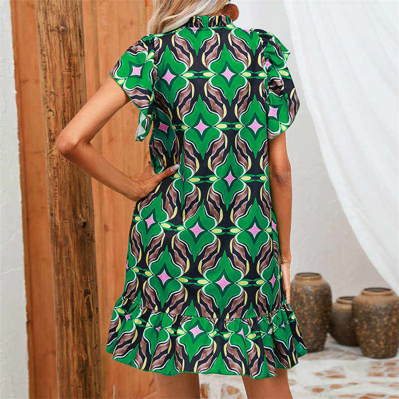 Round Collar Summer Short Sleeve Dress Fashion A-Line Skirt Printing Skirt