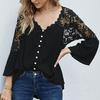 Dames Blouse Effen Kleur Kant Pullover Wijde Mouwen V-hals Top Doorzichtig Achterkant Wijde Zoom Shirt voor Dagelijks Gebruik