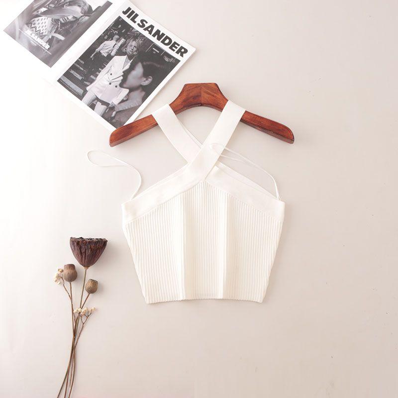 American Fashion Brand Cross Hanging Neck Cami Summer Rib Solid Sexy Short Knitted Top Women