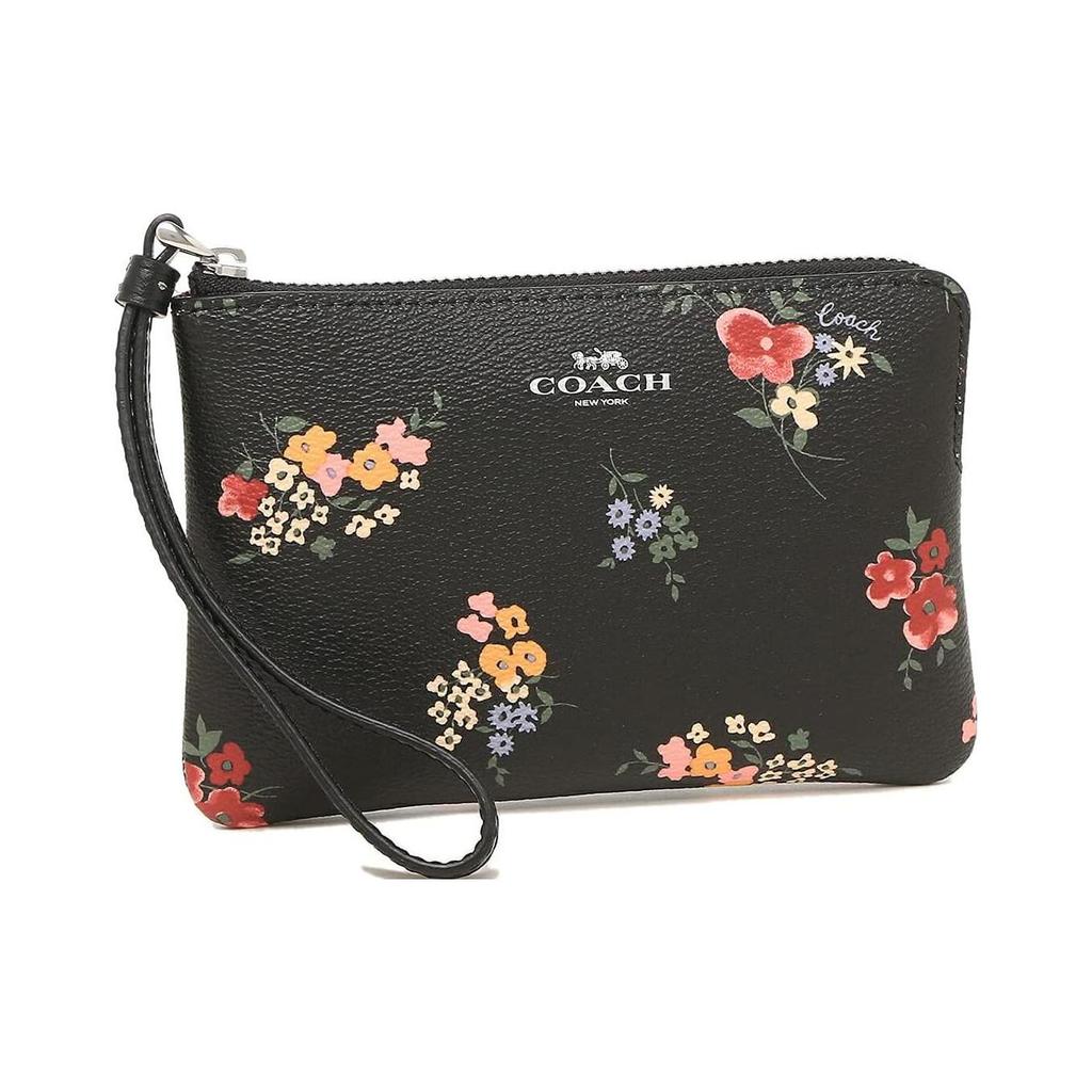 Coach Corner Zip 16 Floral Print Leather Mahjong Wallet Wristlet Clutch Small Women Wallet Black 7248-SVA47