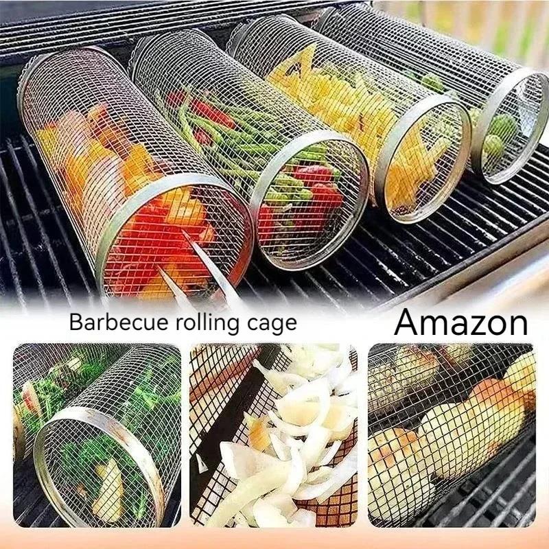 Stainless Grill Steel Tools Dining Barbecue Kitchen Utensils Home. Cookware Bbq Cage Portable Roller Bar Outdoor Net Smoker