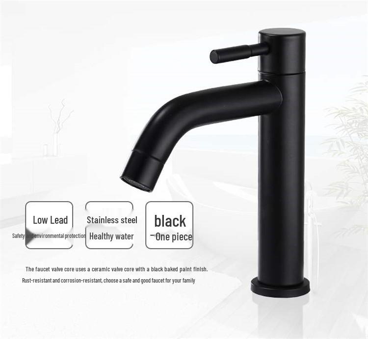 Enhanced Black Single-Hole Cold Basin Faucet - 304 Stainless Steel for Countertop/Undermount Bath