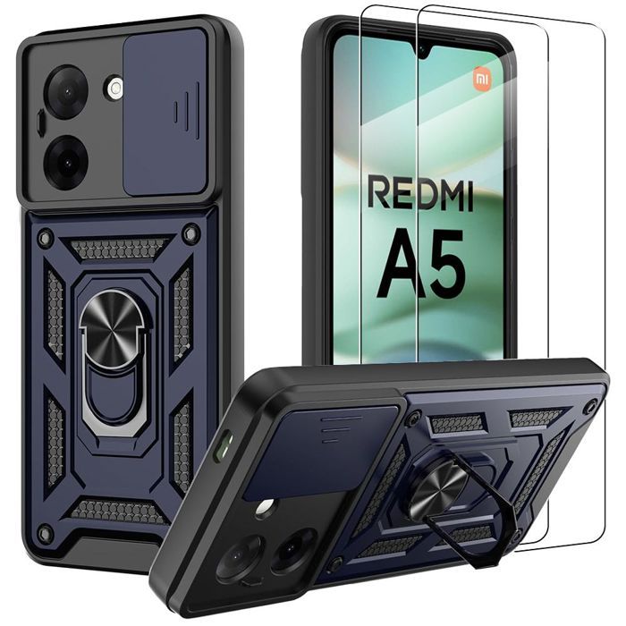 Coque de protection - E.F.Connection - pour Xiaomi Redmi A5 - Antichoc - Rigide - Avec anneau arrière - 2 Verres Trempés