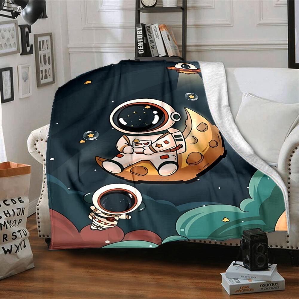 1pc Astronaut Moon Lightweight Flannel Blanket, Comfortable and Warm Blanket, for Office and Camping Sofa Bed, Livingroom047