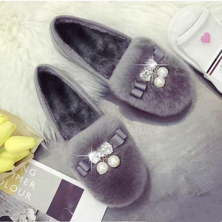 2025 Winter Damen Tasche Absatz Stoff Hausschuhe Samt Doudou Baumwollschuhe Bequeme Weiche Schuhe Niedliche Ein-Pedal Japanische Dicke Schuhe