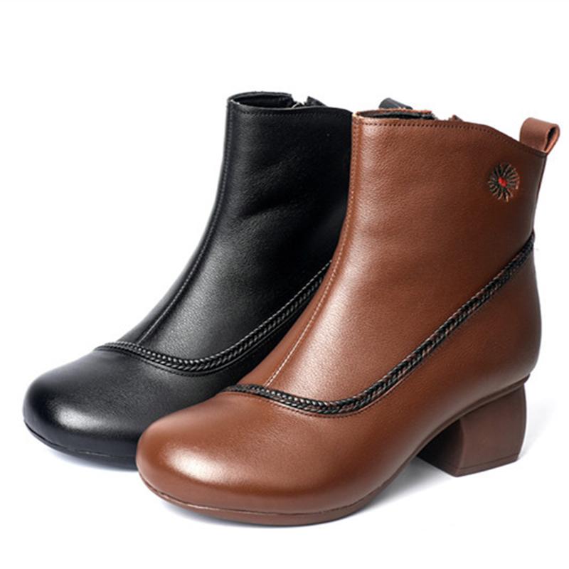 Top Layer Cowhide Leather Shoes Women Casual Retro Soft Sole Boots National Style Versatile Leather Boots Mid-Heel Mother Boots