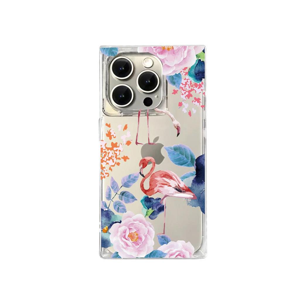 Clear Square Back Tube Case Protection For iPhone 12 16 ProMax 15 Plus 13 14 Pro Max 11 Anti-Oxygen,Flamingo Pattern Casing