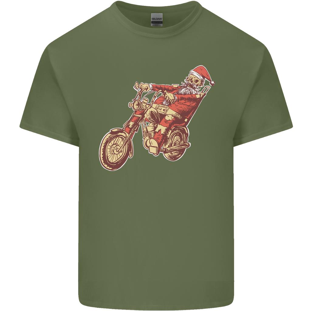 Biker Santa Christmas Motorcycle Chopper Skull Unisexs Light Cotton TShirt