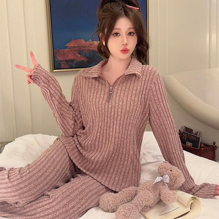 

2025 Women s Half-Zip Slimming Pajama Set - Long Sleeve Brushed Jacquard for Fall/Winter/Spring Large