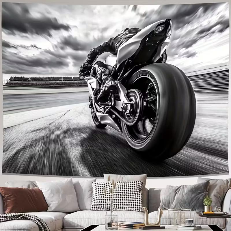 Speed Sport Bike Tapestry Monochrome Motorcycle Wall Art Decor for Living Room