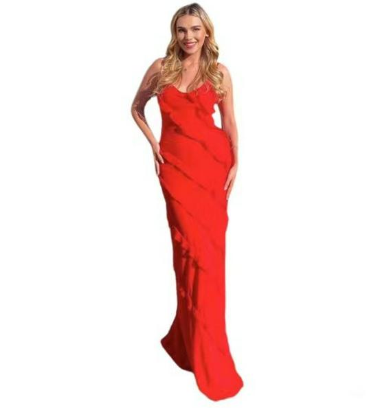 2023 Spring/Summer Backless Spaghetti Strap U-Neck Off-Shoulder Wavy Bodycon Side Slit Maxi Dress