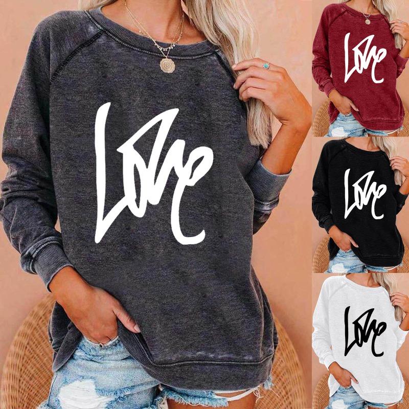 Women S Round Neck Long Sleeve Love Print Casual Sweatshirt