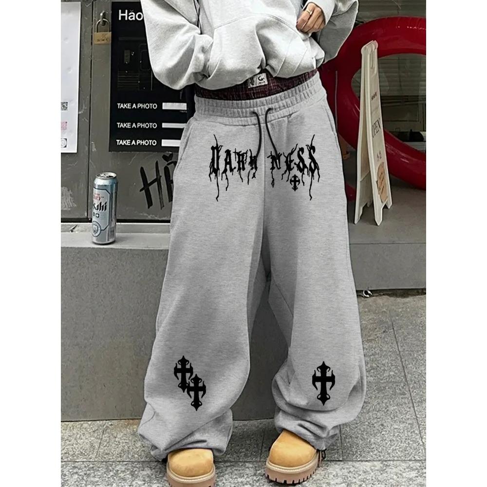 Men's Urban Black Sweatpants, Wide Leg with White Abstract Tribal & Art Prints, Drawstring Loose Fit Streetwear Essentia