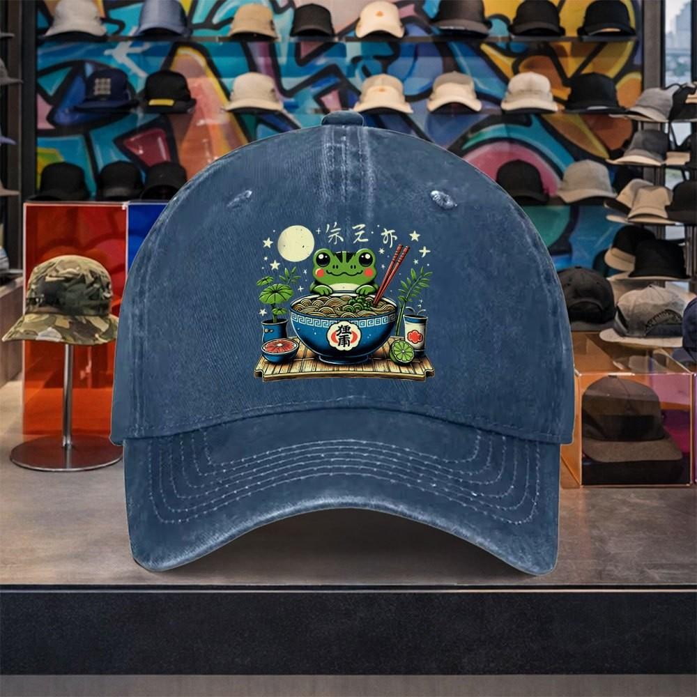 Frog Ramen Graphic Washed Denim Baseball Cap Adjustable Cotton Outdoor Casual Street Hat