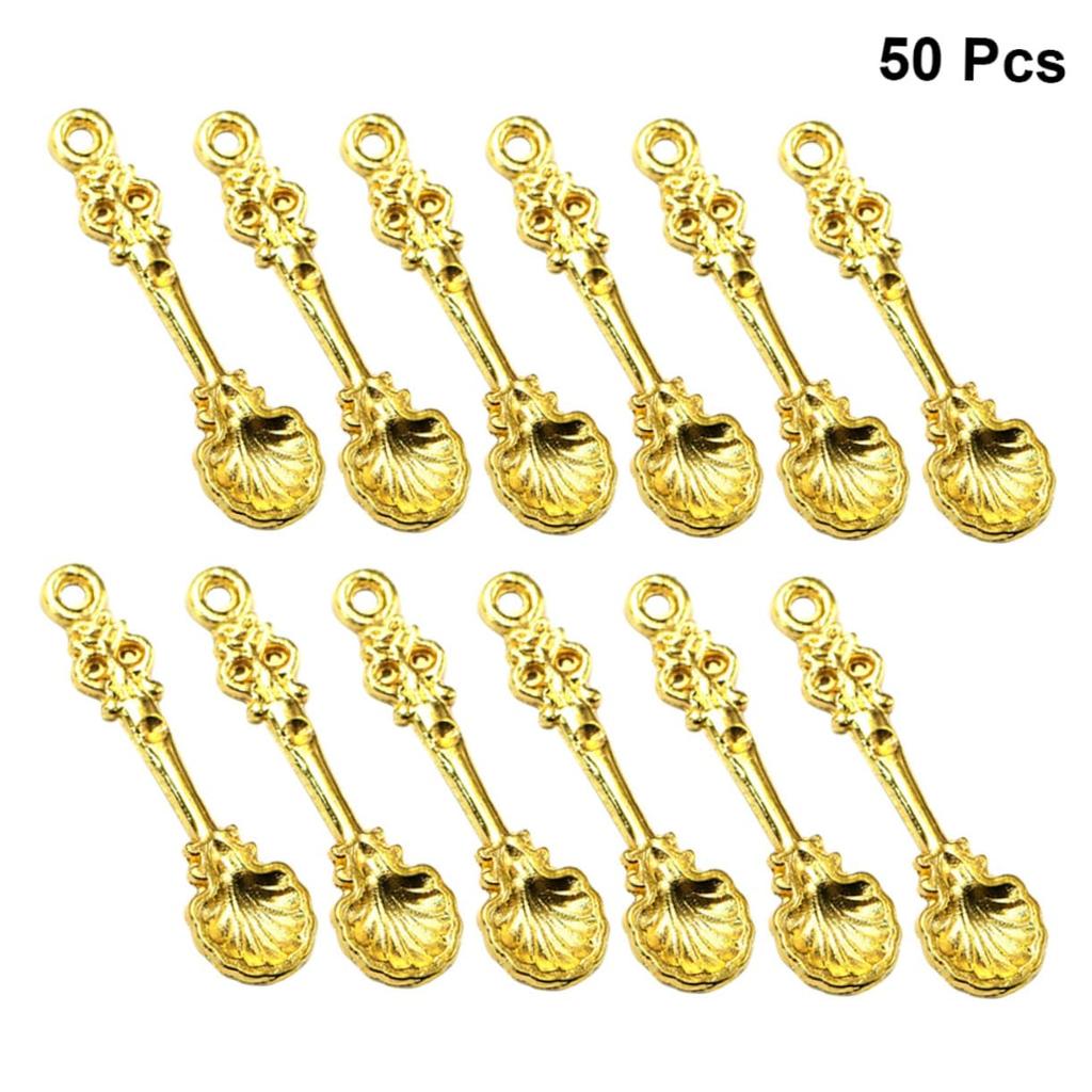 iplusmile 50-Piece Set of Spoon Pendant Charms, Alloy, Gold Color, 1.30 x 0.35 x 0.09 inches, for DIY Accessories, Necklaces, Keychains, Bracelets,