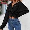 BITCED Women's Fall/Winter Polo Neck Button-Up Solid Color Long-Sleeve T-Shirt