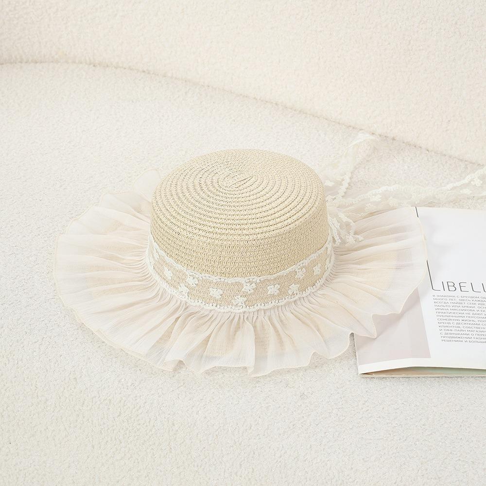 Lace Flower Straw Hat Solid Fringe Extended Brim Beach Straw Hat Breathable Material Elegant Style Sun Protection Hat