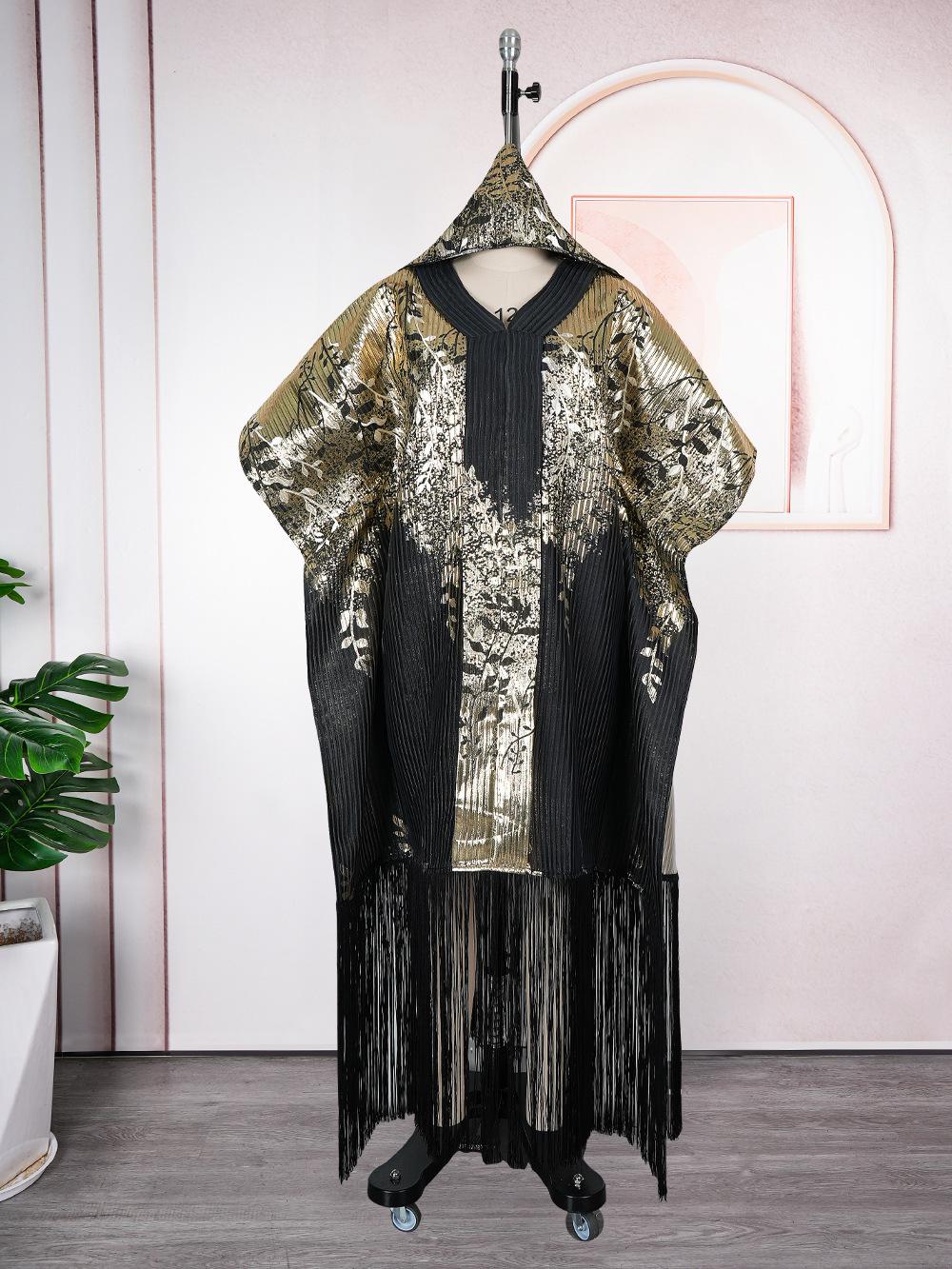 

Plus Size African Tassel Dress with Headscarf - Long Robe Style, Hot Stamping Design. One Size