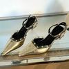 Fashion Gold Silver Rivet Designer High Heels Women Sexy Pointed Toe Leather Pattern Women Pumps Slingbacks Heeled Sandals Party Shoes