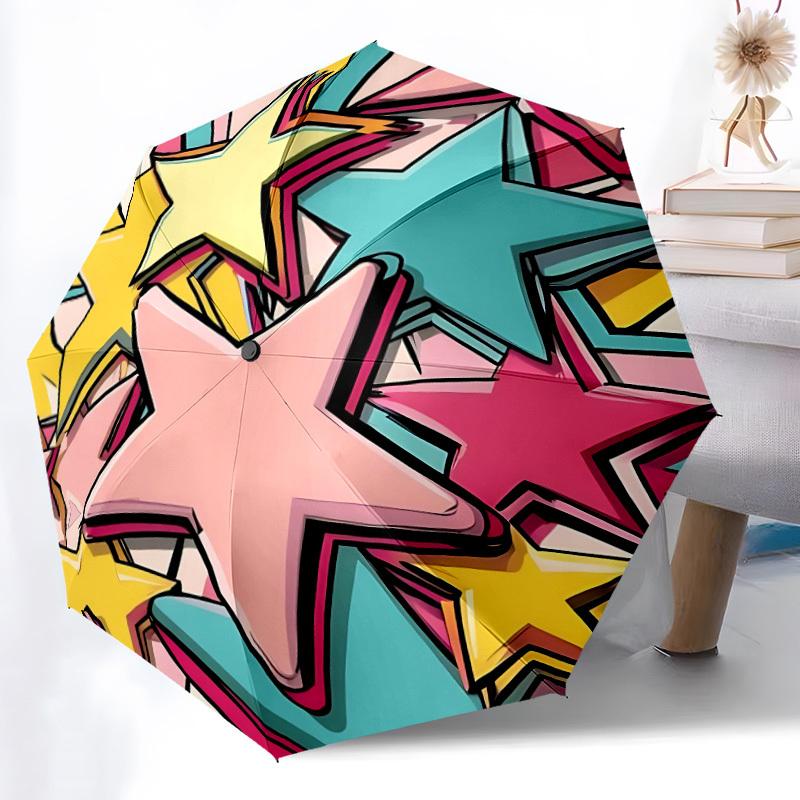 1pc Stars Celebration Automatic Folding Umbrella - Compact 8-Rib Design, Durable Plastic & Iron, Lightweight for Outdoor Daily Use293