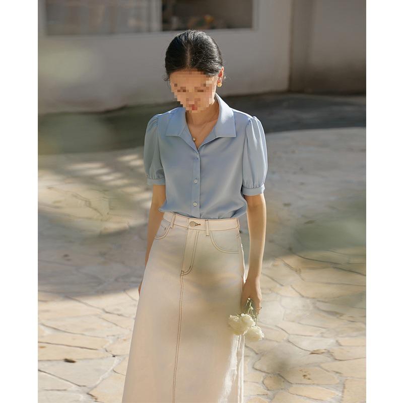 Petite High-Grade Satin Chiffon Short-Sleeve White Shirt for Women - Early Autumn Commuting Interview Top