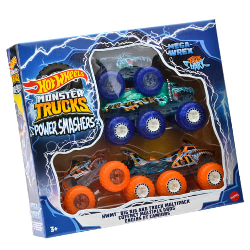 

Hot Wheels Monster Truck Transporter Set, Vehicle Toy, 4 Mini Cars, Ages 3 and Up, Blue and Orange, HYJ29