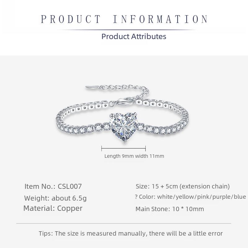 Bracelet de luxe rétro européen et américain en forme de cœur avec des pierres gemmes colorées simulées, pierre principale 10x10mm