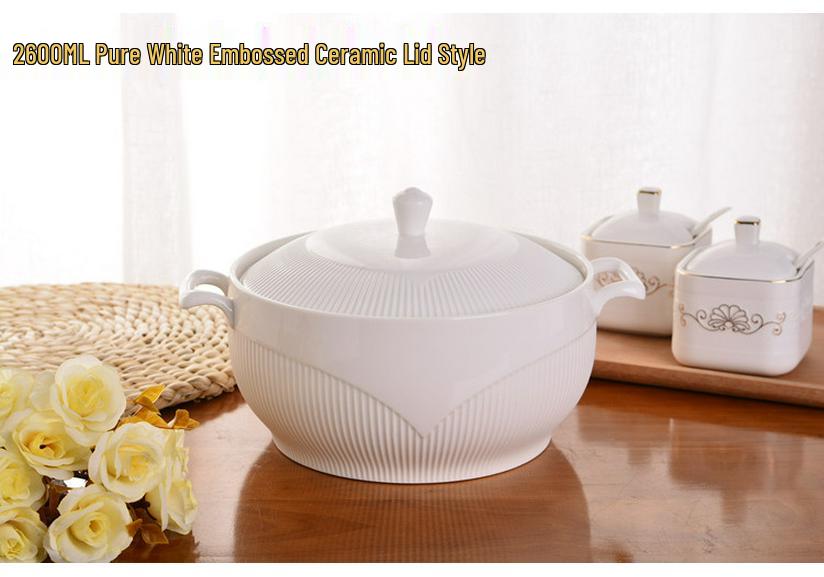 White Embossed Ceramic Soup Pot with Lid, Bone China Large Soup Bowl Gift Set