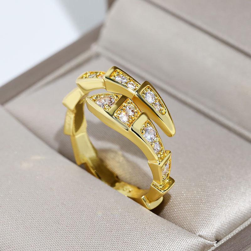 Korean-Style Imitation Silver Snake Bone Ring with Diamond Inlaid Snake Head