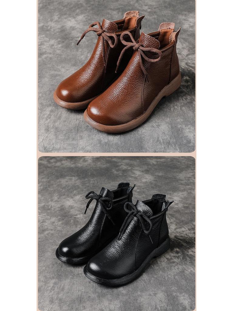 Women's Retro Cowhide Ankle Boots: Chunky Heel, Thick Sole, Genuine Leather, Plus Velvet, Winter Design