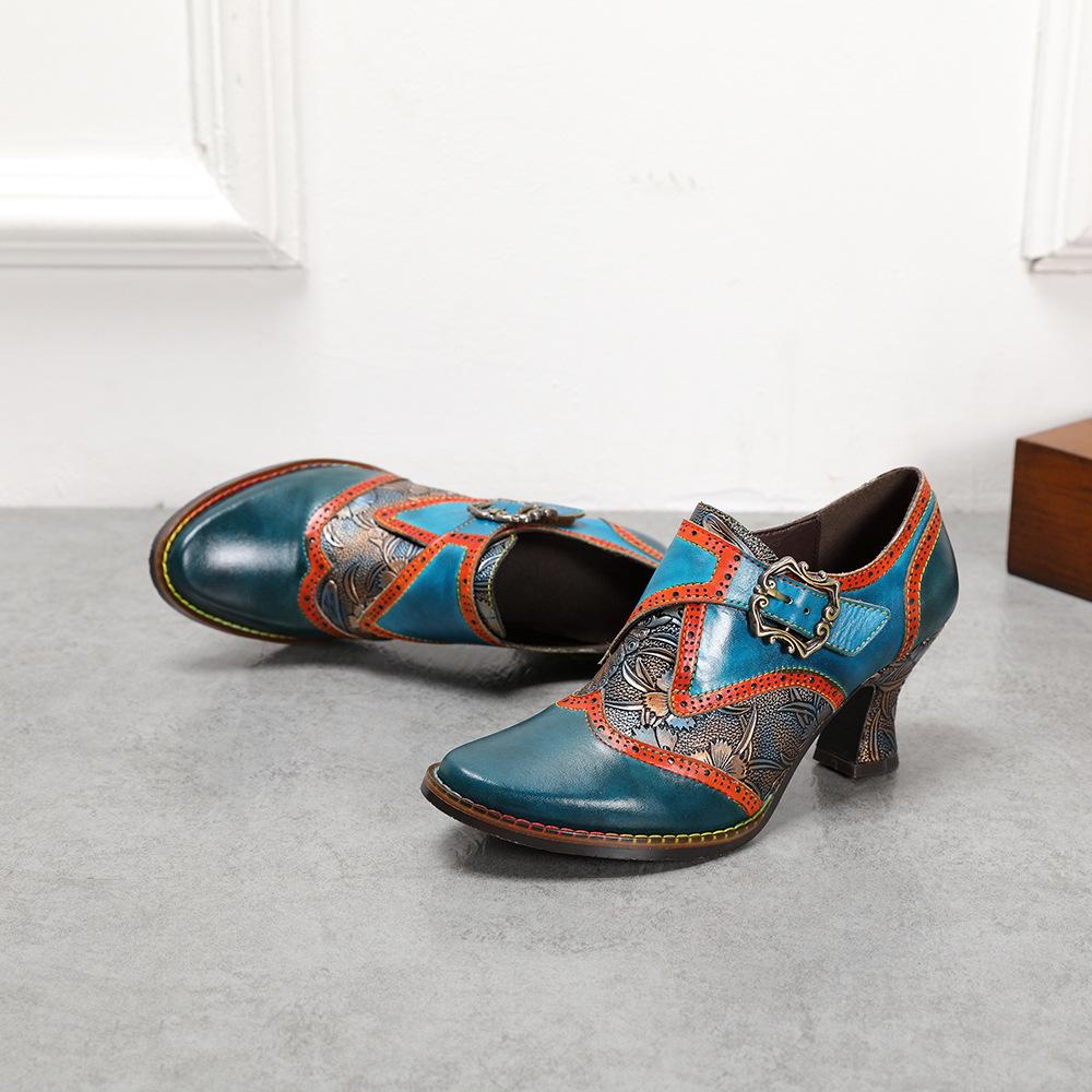 Johnature Damenschuhe, Pumps, High Heels, echtes Leder, spitze Zehen, Retro-Blumenmuster, handgefertigte Damenschuhe