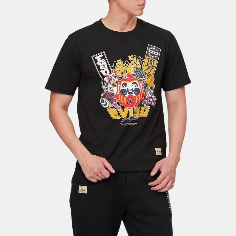 Evisu Buddha Head And Origin Object Print T-Shirt Men Tops Black 2ESHTM1TS621XX