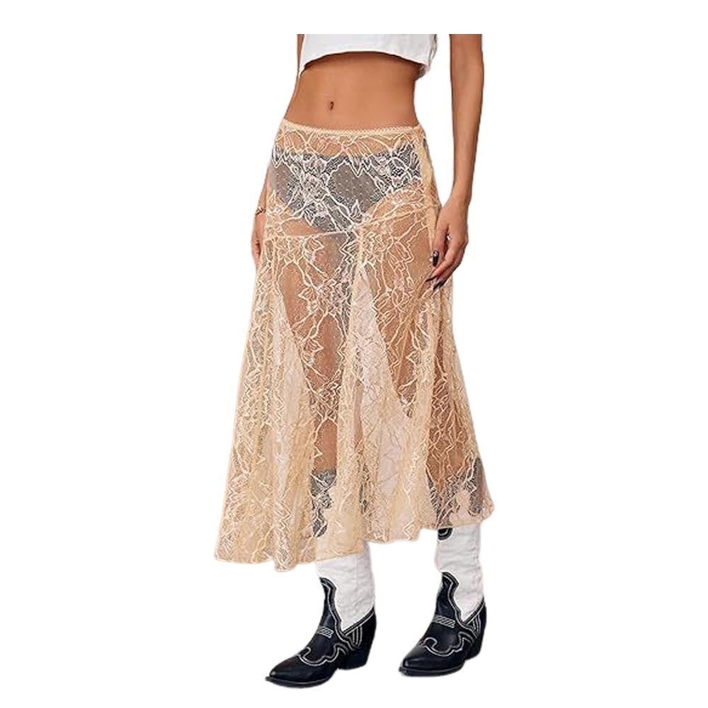 See-Through Design Lace Beach Dress Low Waist Floral Lace Skirts  Women Summer Beachwear S абрикосовый
