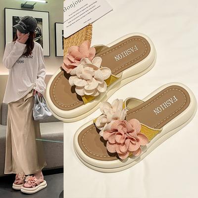 2025 Summer New Two-color Flower Platform Slippers Women's Open-toe Hollow One-word Drag Middle Heel Casual Sandals