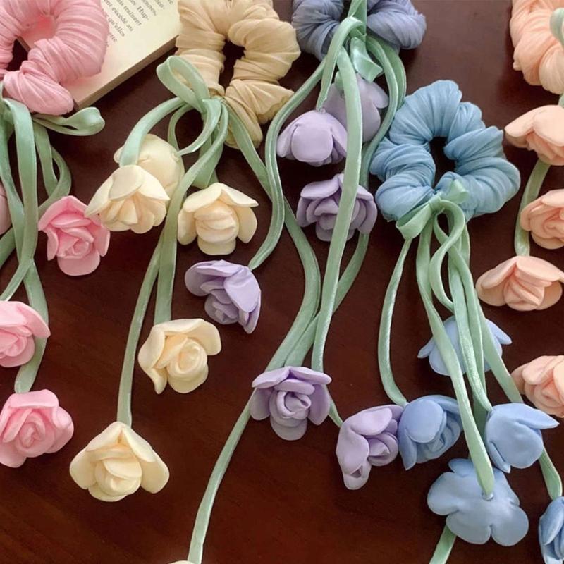 Elegant Floral Tulle Scrunchie With Fringe Detailing Headbands Rope Hair Band For Everyday Styling