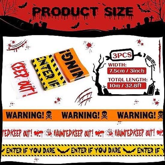 LIHAO Halloween Decoration Barricade Tape Non-Adhesive Warning 3 Types Included 30M Caution Sign Yellow