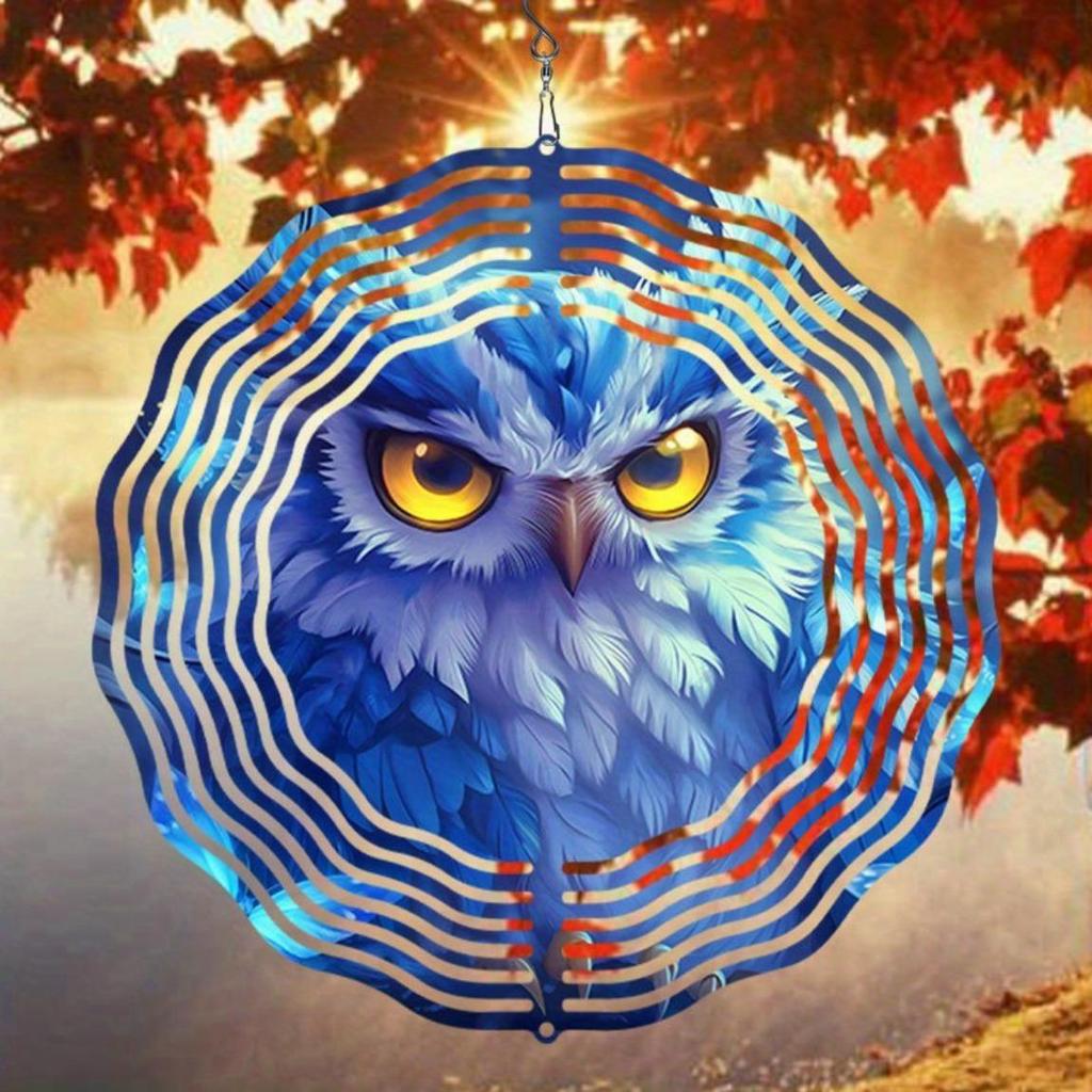 Metall Eule Windspiel Außengartendekor Rotierendes Windspiel mit Blauem Gelbem Eulen-Design für Terrasse Hof Vogelabwehr