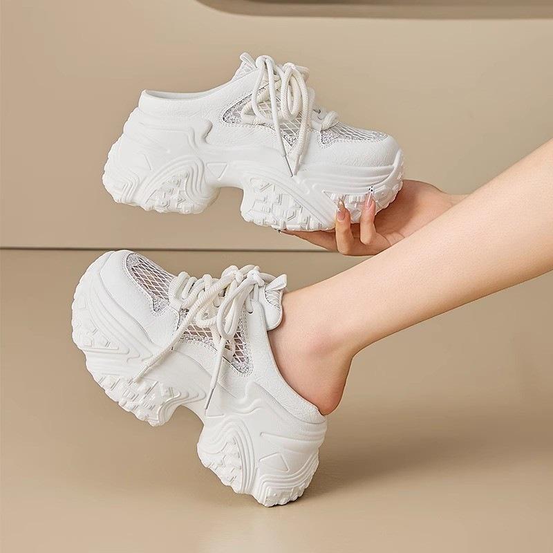Autumn wear sequined bag head half slippers women's 2025 new versatile mesh dad shoes breathable thick-soled lazy sandals