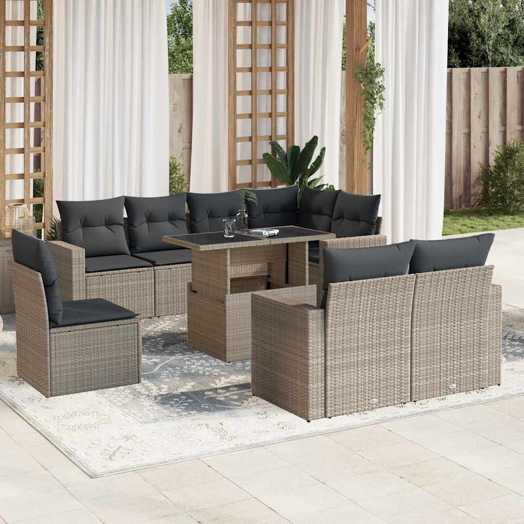 Vidaxl 9-Cz. Garden Furniture Set, Cushions, Light Grey Poly Rattan